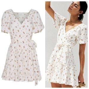 KIVARI | Linen Daria Wrap Mini Dress Ditsy Floral Print Tiered Skirt US 8